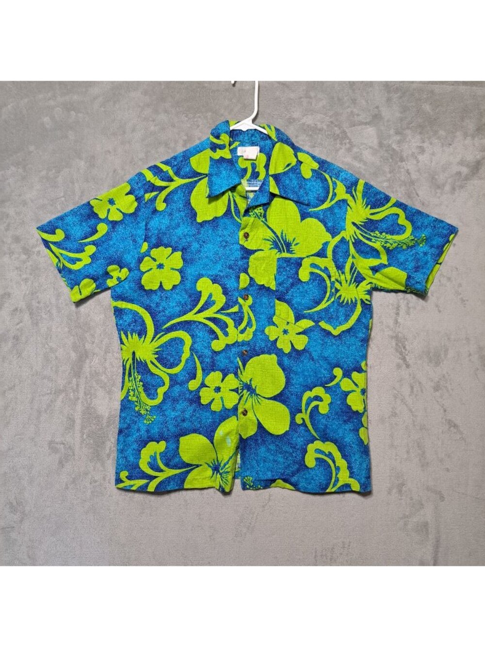 Made In Hawaii Large Hawaiian Shirt Blue Green Button Up Vintage 60s Camp